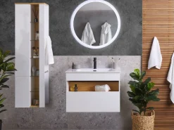 Conjunto De Móveis Com Lavatorio E Espelho Led Em Castanho E Branco Figueres