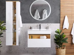 Conjunto De Móveis Com Lavatorio E Espelho Led Em Castanho E Branco Figueres