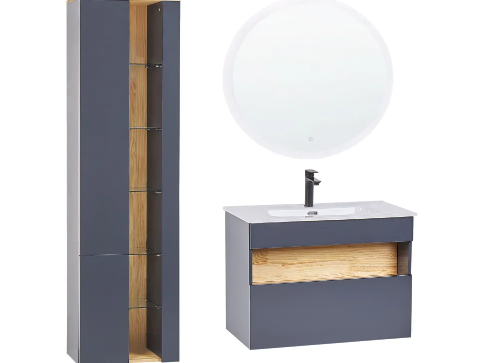 Conjunto De Móveis Com Lavatorio E Espelho Led Em Castanho E Cinzento Figueres