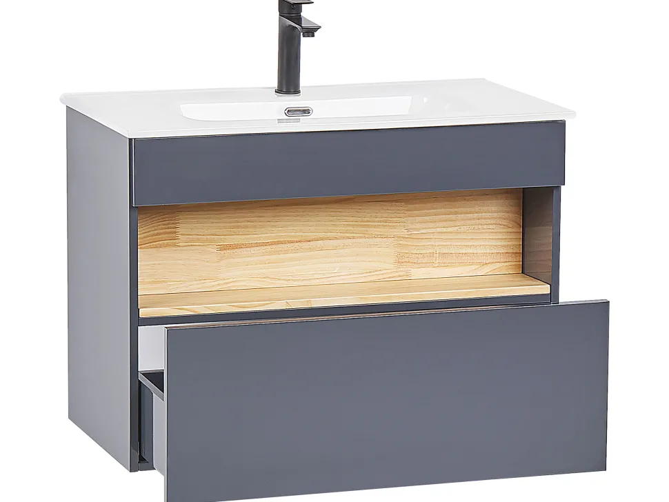 Conjunto De Móveis Com Lavatorio E Espelho Led Em Castanho E Cinzento Figueres