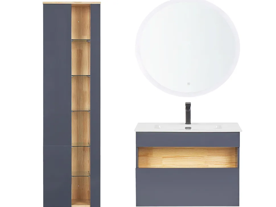 Conjunto De Móveis Com Lavatorio E Espelho Led Em Castanho E Cinzento Figueres