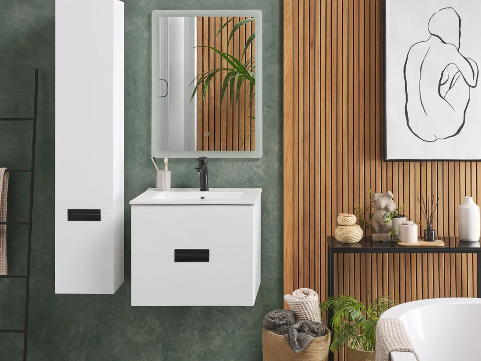 Conjunto De Móveis Com Lavatorio E Espelho Em Branco Tudela