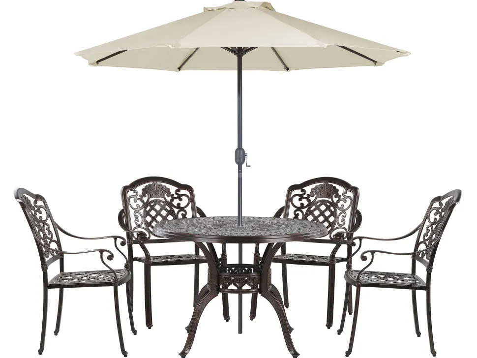 Conjunto De Refeicao De Jardim 4 Lugares Em Metal Castanho E Guarda-Sol Salento