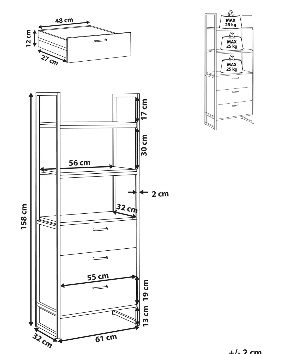 Estante Com 3 Gavetas E 2 Prateleiras Castanha E Preta Tifton