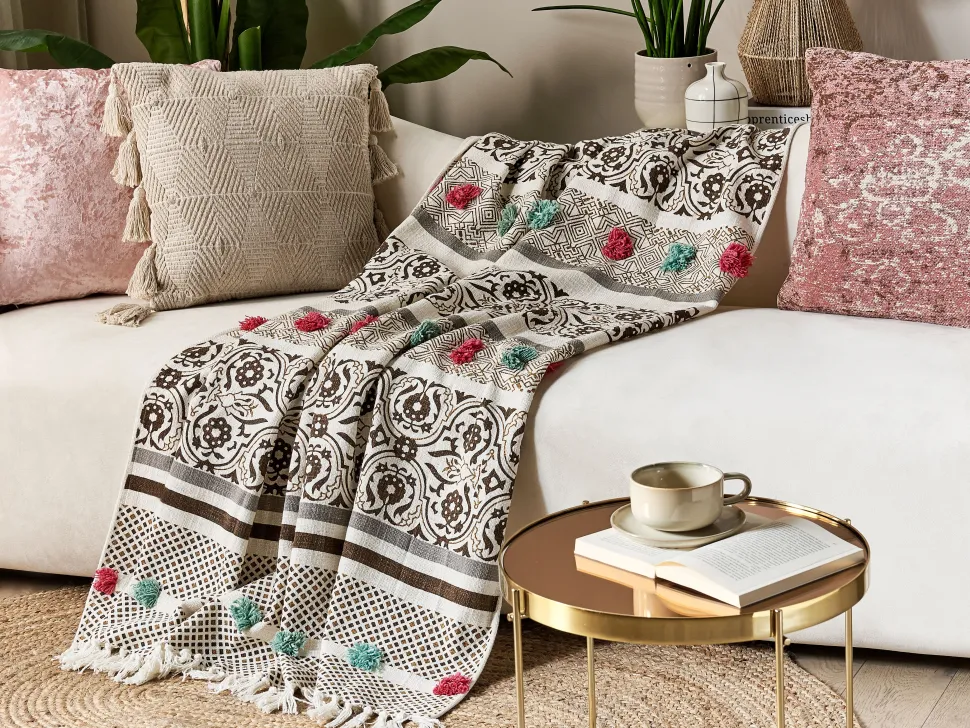 Manta Decorativa Em Algodao Creme E Castanho 130 X 180 Cm Chinsurah