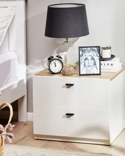 Mesa De Cabeceira Com 2 Gavetas Branca E Cor De Madeira Clara Edison