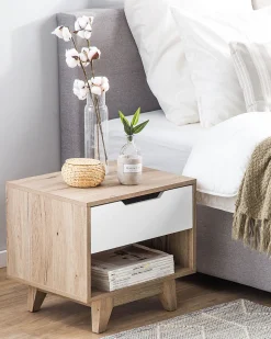 Mesa De Cabeceira Com 1 Gaveta Em Madeira Clara E Branco Spencer