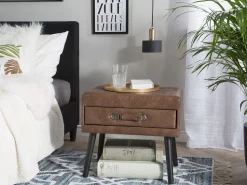 Mesa De Cabeceira Com 1 Gaveta Em Pele Sintetica Castanha Eurostar