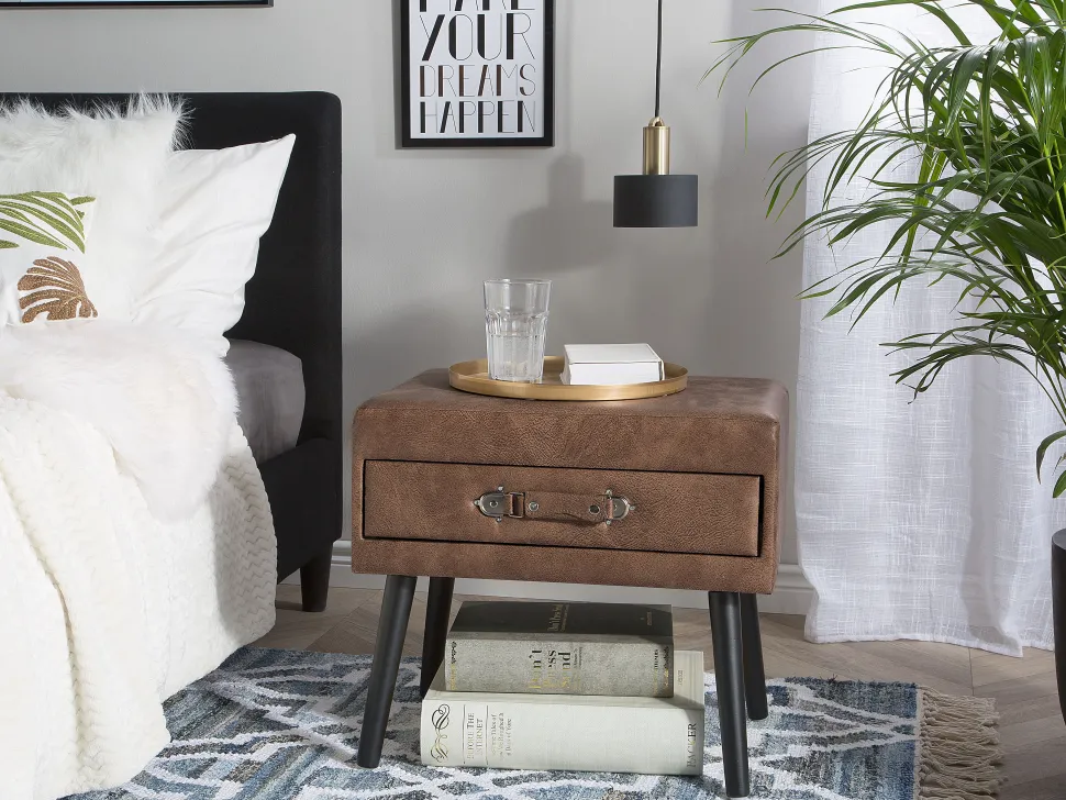 Mesa De Cabeceira Com 1 Gaveta Em Pele Sintetica Castanha Eurostar