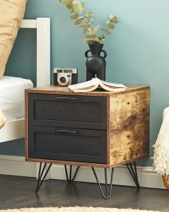 Mesa De Cabeceira Com 2 Gavetas Em Madeira Escura E Preto Arkan