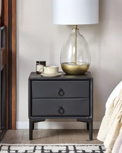 Mesa De Cabeceira Com 2 Gavetas Em Pele Sintetica Preta Sezanne