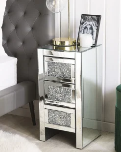 Mesa De Cabeceira Com 3 Gavetas Em Efeito Espelhado Prateada Loray