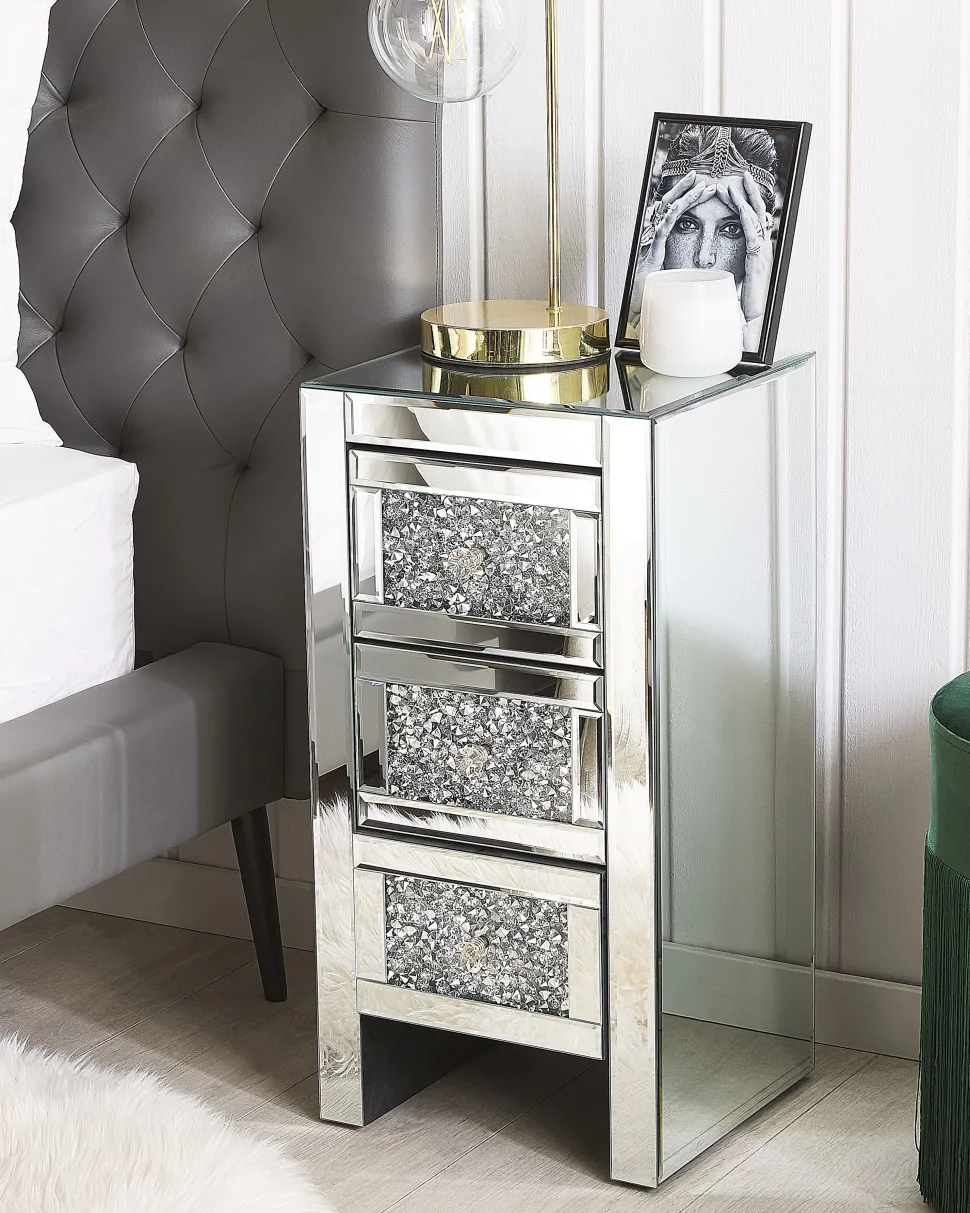 Mesa De Cabeceira Com 3 Gavetas Em Efeito Espelhado Prateada Loray