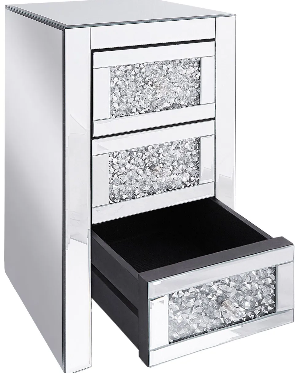 Mesa De Cabeceira Com 3 Gavetas Em Efeito Espelhado Prateada Loray