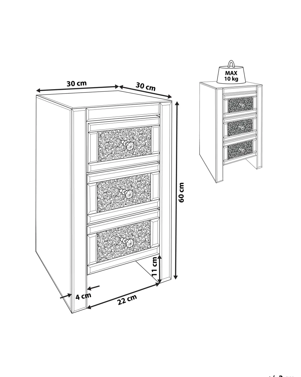 Mesa De Cabeceira Com 3 Gavetas Em Efeito Espelhado Prateada Loray