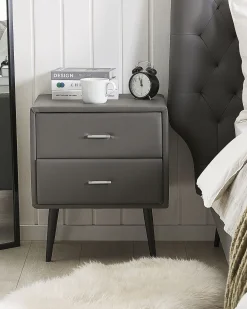 Mesa De Cabeceira Com 2 Gavetas Em Pele Sintetica Cinzenta Essonne