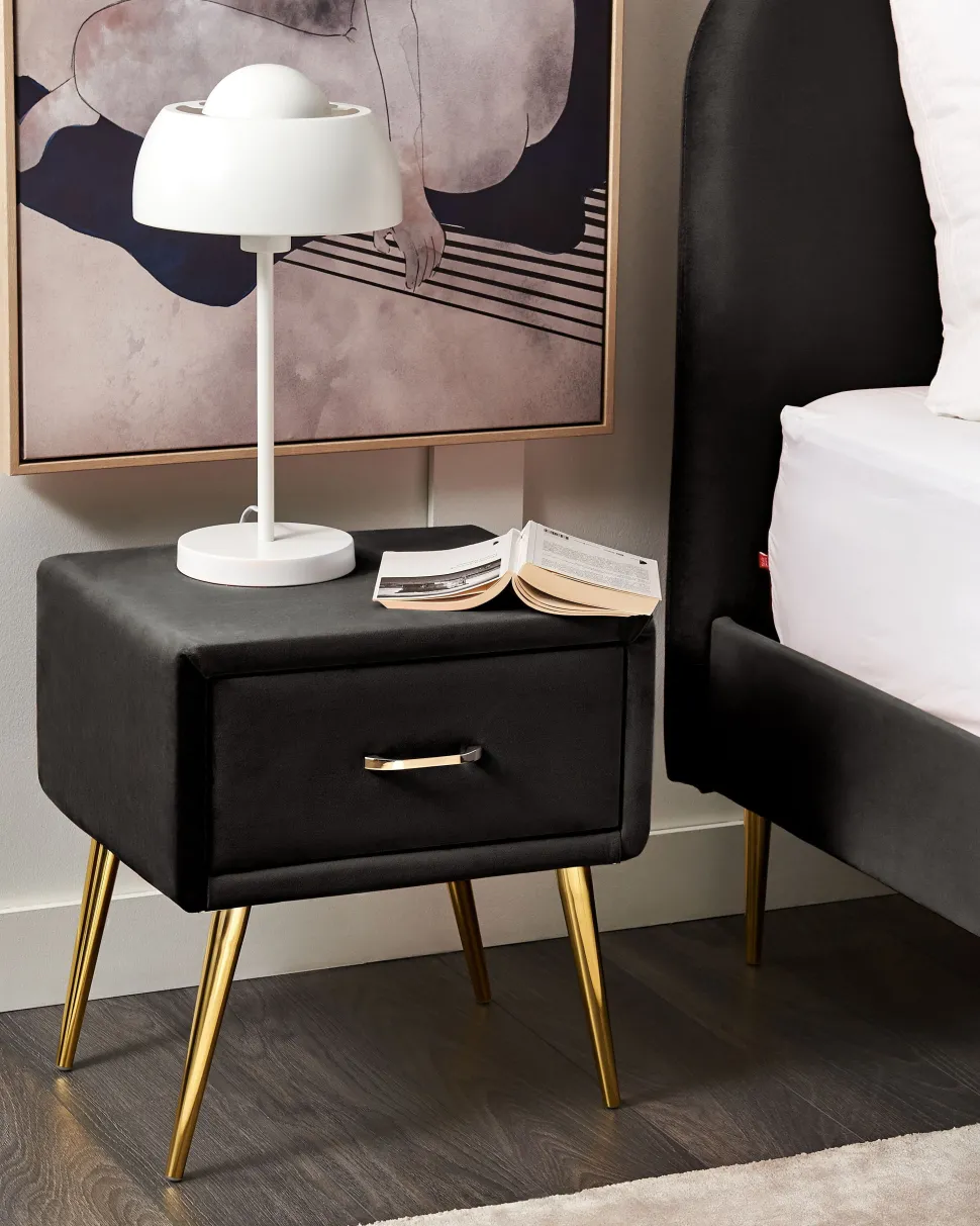 Mesa De Cabeceira Com 1 Gaveta Em Veludo Preto Flayat