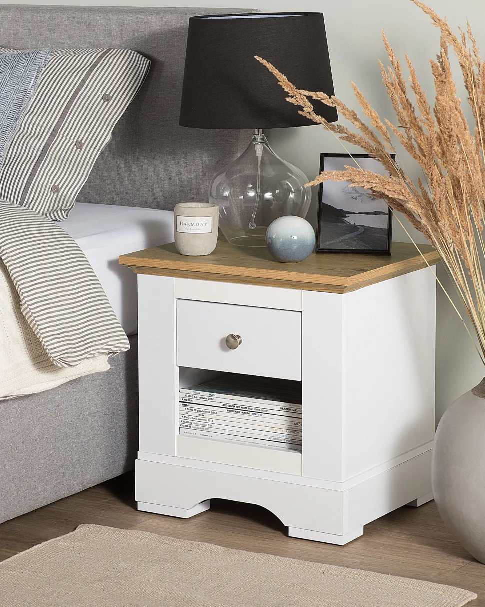 Mesa De Cabeceira Com 1 Gaveta Branca E Cor De Madeira Clara Winglay