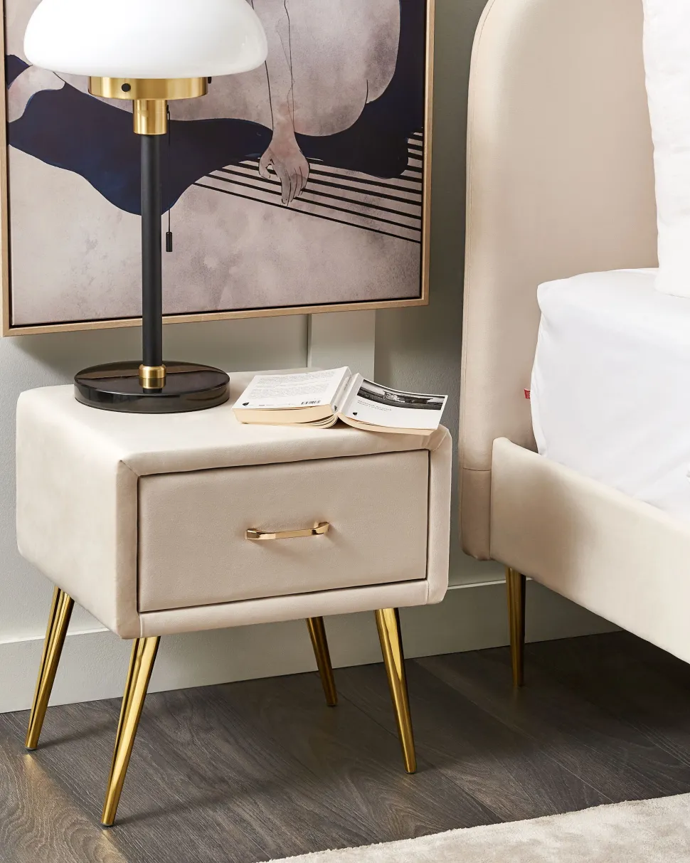 Mesa De Cabeceira Com 1 Gaveta Em Veludo Creme Flayat