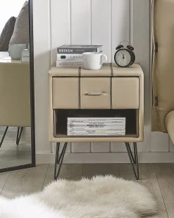 Mesa De Cabeceira Com 1 Gaveta Em Pele Sintetica Creme Betin