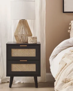 Mesa De Cabeceira Com 2 Gavetas Em Rattan Preto Opoco