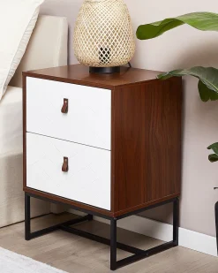 Mesa De Cabeceira Com 2 Gavetas Em Madeira Escura E Branco Nueva