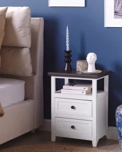 Mesa De Cabeceira Com 2 Gavetas Branca E Castanha Layola