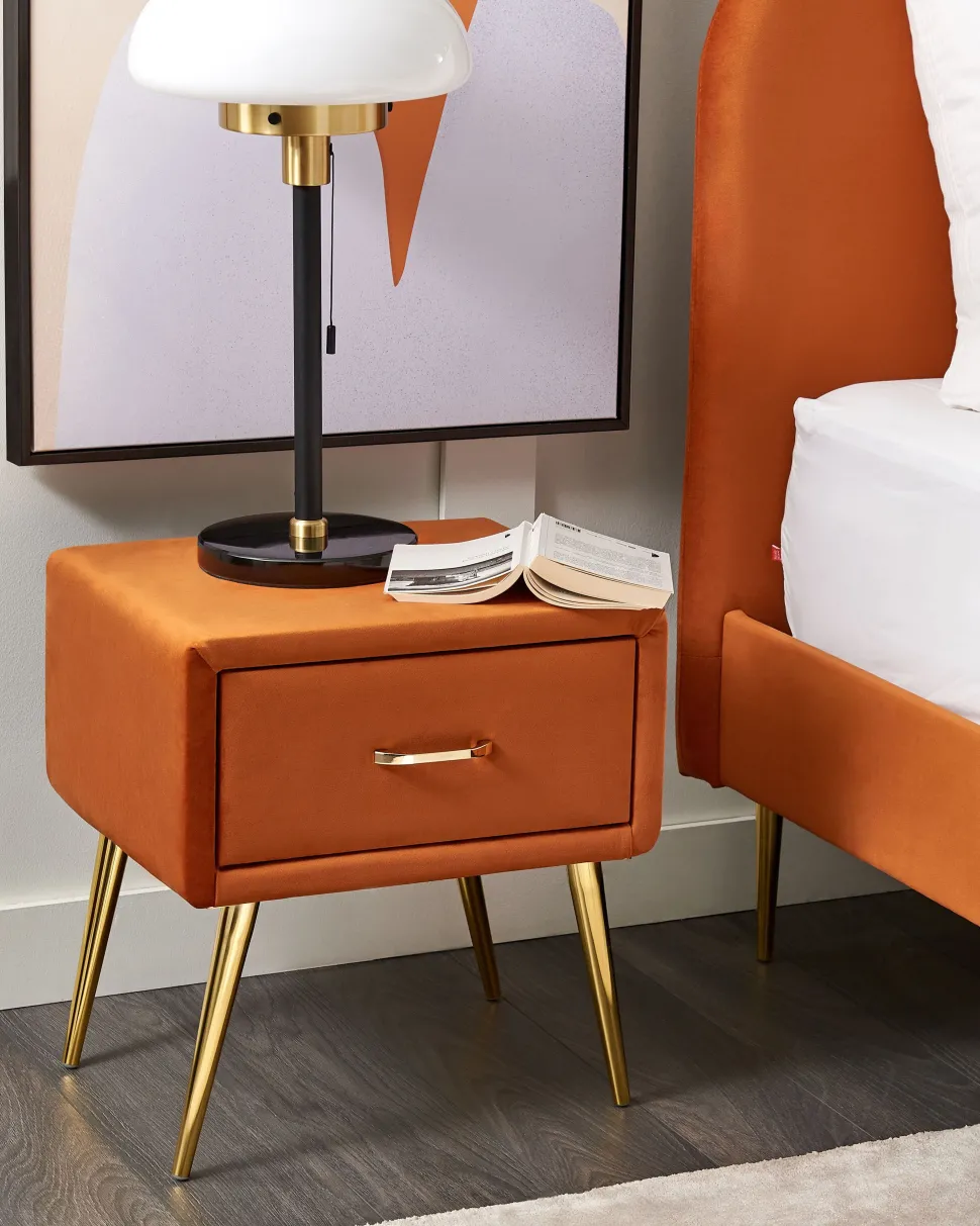 Mesa De Cabeceira Com 1 Gaveta Em Veludo Laranja Flayat