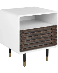 Mesa De Cabeceira Com 1 Porta Branca E Cor De Madeira Escura Rifle