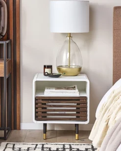 Mesa De Cabeceira Com 1 Porta Branca E Cor De Madeira Escura Rifle