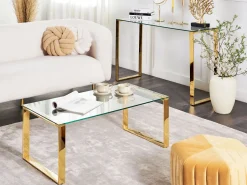 Mesa De Centro Dourada Com Tampo De Vidro Tilon