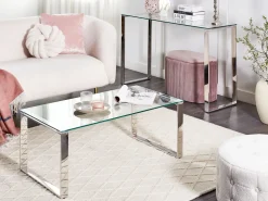 Mesa De Centro Prateada Com Tampo De Vidro Tilon