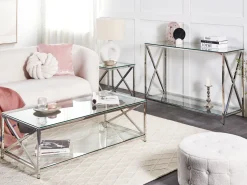 Mesa De Centro Prateada Com Tampo De Vidro Audet