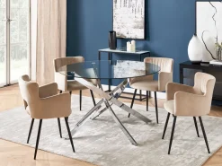 Mesa De Jantar Redonda Com Vidro Temperado E Pernas Prateadas 120 Cm Maramo