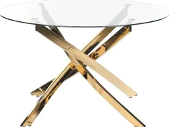 Mesa De Jantar Redonda Com Vidro Temperado E Pernas Douradas 120 Cm Maramo