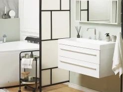 Movel De Casa De Banho Flutuante Com Lavatorio E Espelho Branco Almeria