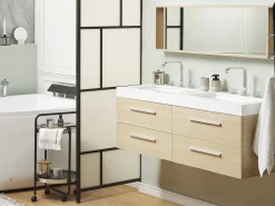 Movel De Casa De Banho Suspenso Com 2 Lavatorios E Espelho Creme Malaga