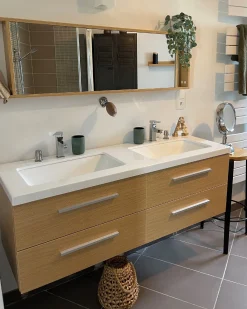 Movel De Casa De Banho Suspenso Com 2 Lavatorios E Espelho Creme Malaga