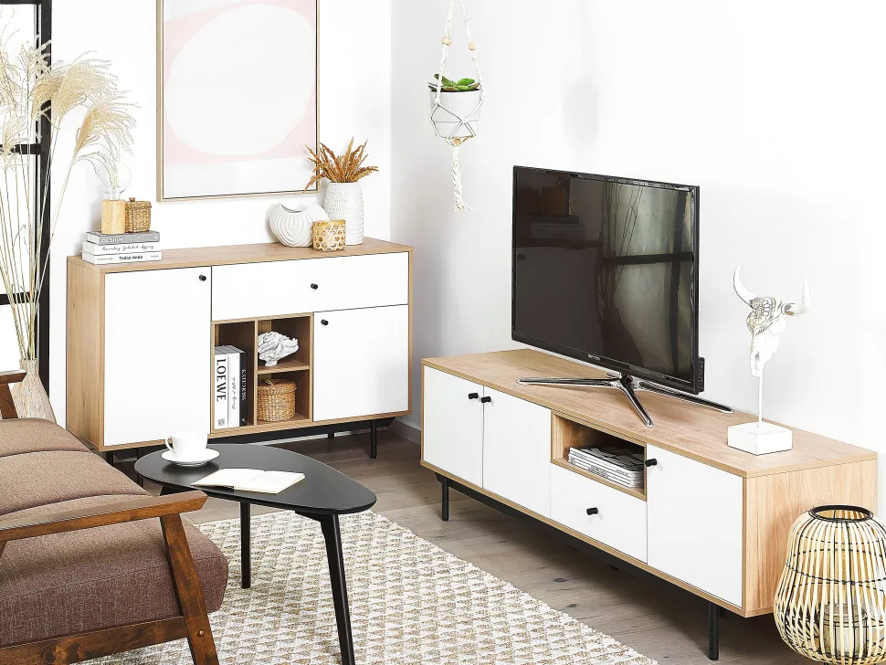 Movel De Tv Com 1 Gaveta E 3 Portas Em Madeira Clara E Branco Itaca