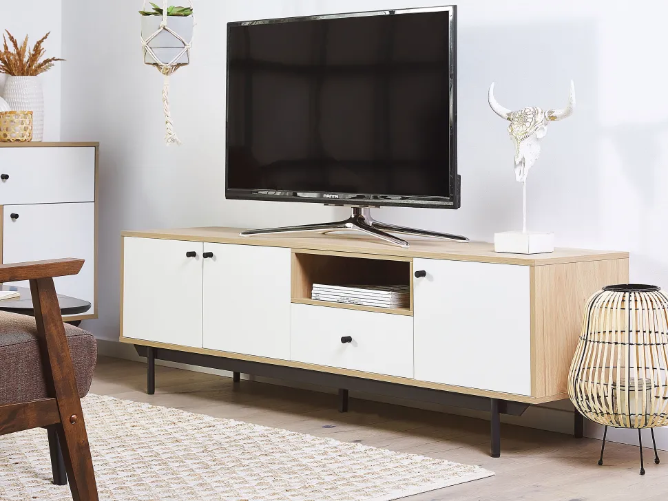 Movel De Tv Com 1 Gaveta E 3 Portas Em Madeira Clara E Branco Itaca