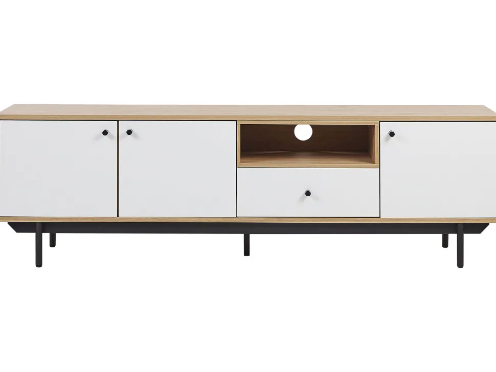 Movel De Tv Com 1 Gaveta E 3 Portas Em Madeira Clara E Branco Itaca