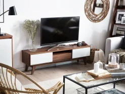 Movel De Tv Com 1 Gaveta E 5 Prateleiras Em Madeira Escura E Branco Eerie