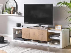 Movel De Tv Com 1 Gaveta E 2 Prateleiras Branco E Cor De Madeira Clara Fullerton