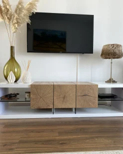 Movel De Tv Com 1 Gaveta E 2 Prateleiras Branco E Cor De Madeira Clara Fullerton