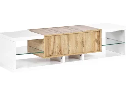 Movel De Tv Com 1 Gaveta E 2 Prateleiras Branco E Cor De Madeira Clara Fullerton