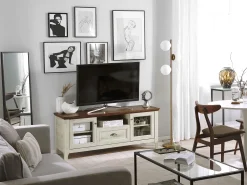 Movel De Tv Com 1 Gaveta E 2 Portas Branco E Cor De Madeira Escura Creme Medan