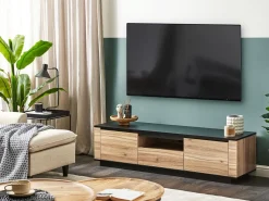 Movel De Tv Com 1 Gaveta E 2 Portas Em Madeira Clara E Preta Billings