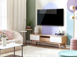 Movel De Tv Com 1 Gaveta E 5 Prateleiras Em Madeira Clara E Branco Eerie