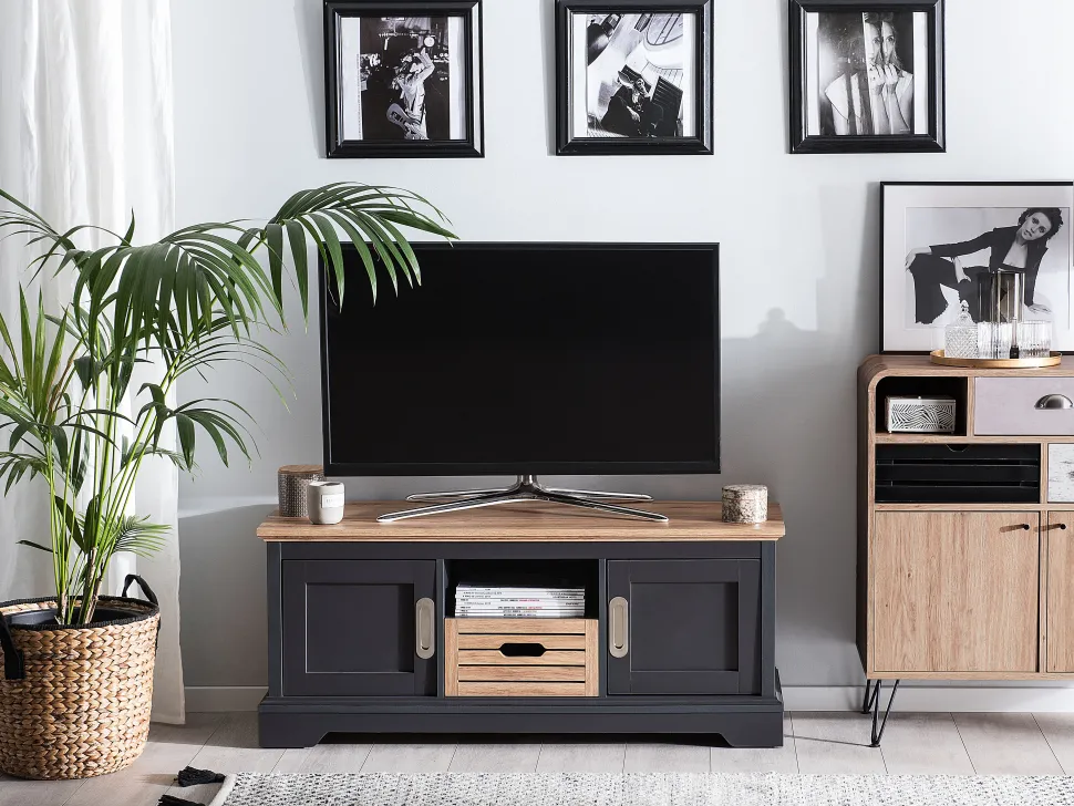 Movel De Tv Com 1 Gaveta E 2 Portas Em Madeira Clara E Cinzento Garet