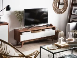 Movel De Tv Com 3 Gavetas Em Madeira Escura E Branco Syracuse